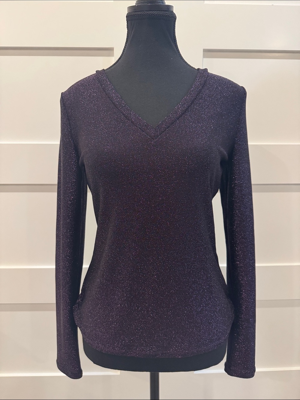 White House Black Market Shimmer V-Neck Long Sleeve Top - Deep Purple